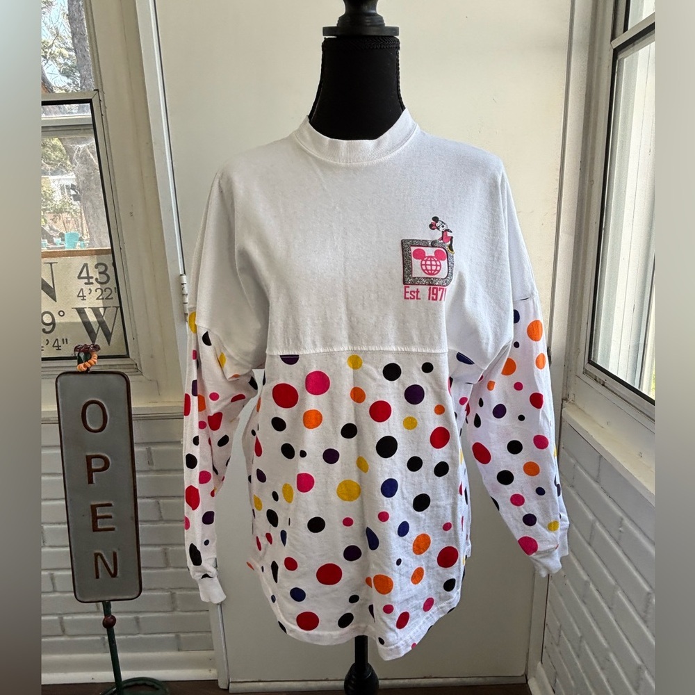 Disney Parks Minnie Mouse Polka Dot Spirit Jersey XS oversized vacation travel